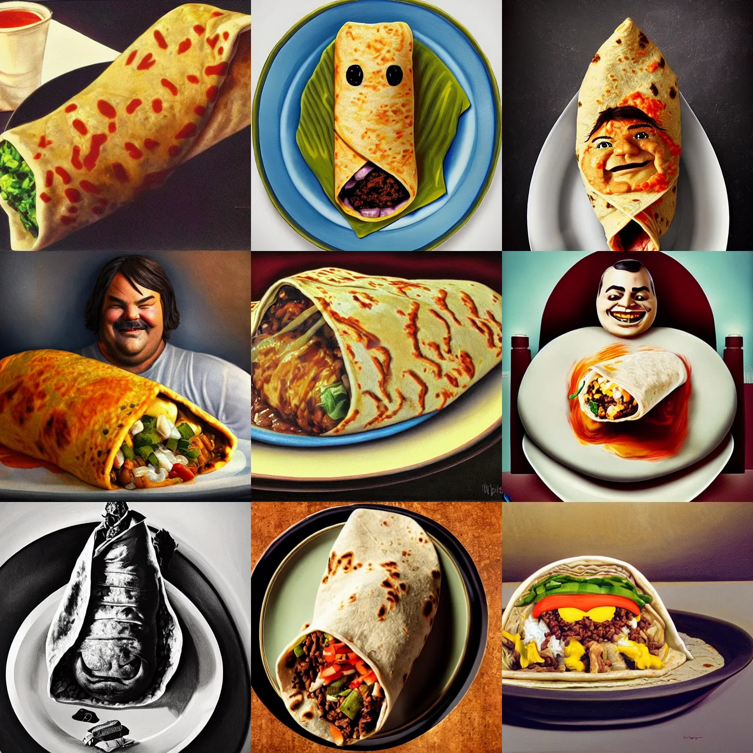 Prompt: a big burrito with the head of jack black poking out at the end of it, served on a plate, smiling, hyperrealism, surrealism, ultra detailed, cinematic