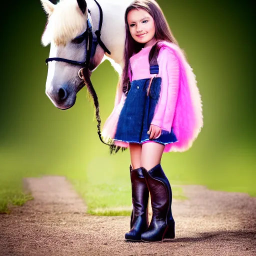 Image similar to young girl with rider boots, next to her is a pink pony, photo taken by nikon, sharp focus, highly detailed, studio lightning, 4 k