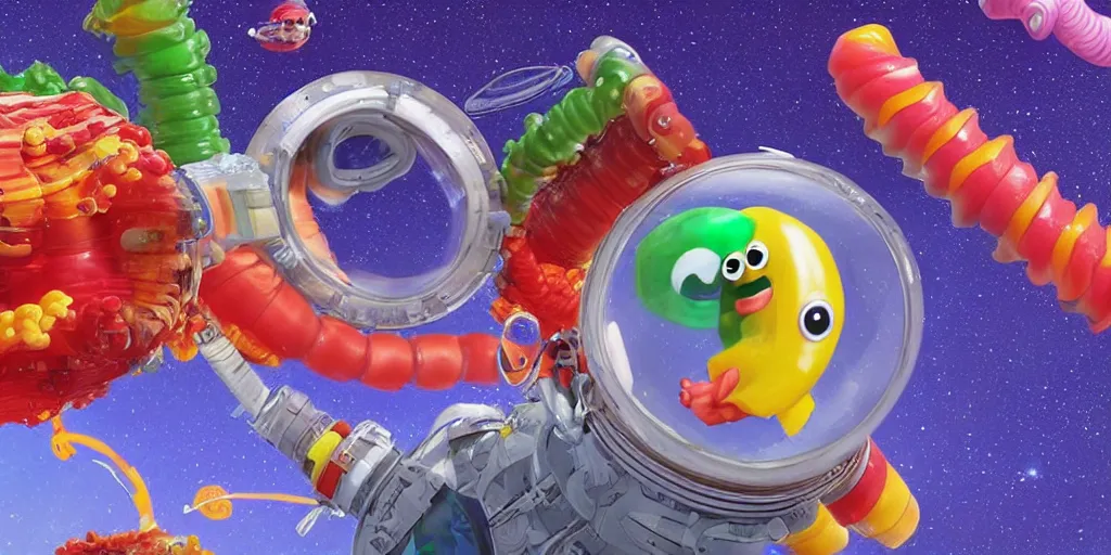 Prompt: a 3 d rendered movie still a gummi worm descendant 1 million years from now. gummi worm wears a spacesuit, and explores cosmos in a super awesome space ship. science fiction blockbuster movie gummi worms rule the world or my stepmom is a gummie worm from space, imax 7 0 mm. silent running