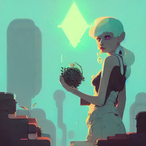 Image similar to portrait of solarpunk green witch by atey ghailan, by greg rutkowski, by simon stalenhag, by greg tocchini, by james gilleard, by joe fenton, by kaethe butcher dynamic lighting, gradient light blue, brown, blonde cream and white color scheme, grunge aesthetic