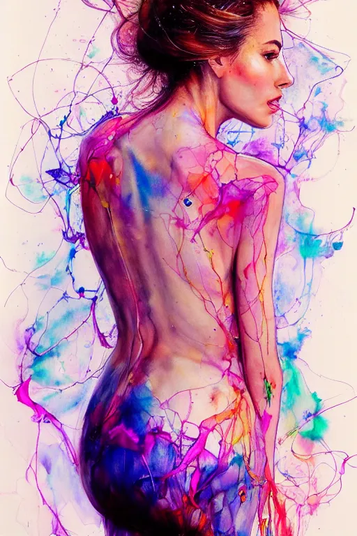 Image similar to sophia vergara by agnes cecile enki bilal moebius, intricated details, 3 / 4 back view, hair styled in a bun, bendover posture, full body portrait, extremely luminous bright design, pastel colours, drips, autumn lights