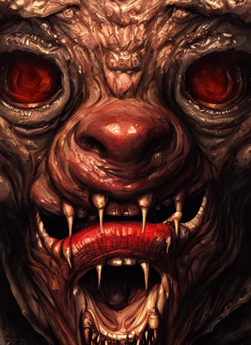 Prompt: close up portrait of a monster in the mountains of hell, one mouth, one nose, two eyes, oil painting by tomasz jedruszek, cinematic lighting, pen and ink, intricate line, hd, 4 k, million of likes, trending on artstation
