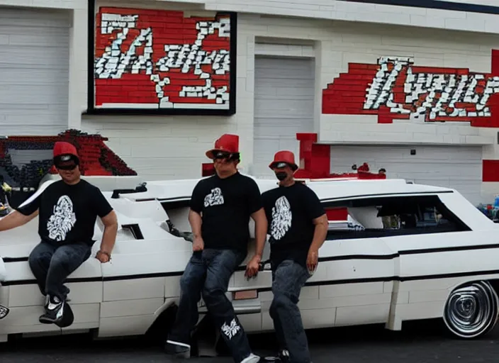 Image similar to nwa in front of a lowrider made by lego