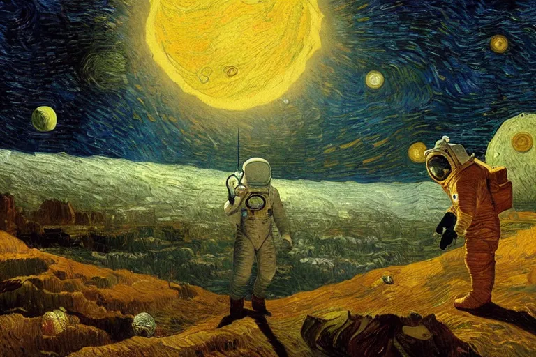 Image similar to an astronaut taking sun bath from Jupiter, beautiful, national geographic, very detailed, astrophotography, oil painting, canvas, Vincent van Gogh, Caspar David Friedrich, Albert Bierstadt