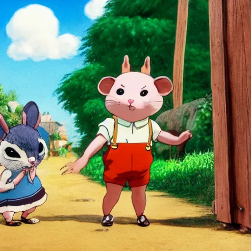 Prompt: a detailed painting of an anthropomorphic hamster kid wearing shorts and suspenders in a rural village, cute, colourful, detailed, high quality, pastel colours, 4 k, by studio disney and studio ghibli and sendak and richard scarry