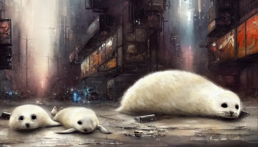 Image similar to highly detailed painting of cute furry white baby seals cuddled up in a cardboard box in a dystopian cyberpunk street by william turner, by greg rutkowski, thick brush strokes and visible paint layers, 4 k resolution, retrowave colour scheme