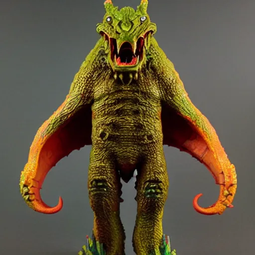 Image similar to a kaiju figurine super detailed oil painting with muted fluo colors