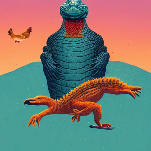 Prompt: a chicken riding a snowboard made of crocodiles by Mike Winkelmann Casey Weldon Ron Walotsky, beautiful aesthetic, trending on behance, digital illustration, custom brush, good art, perception of value