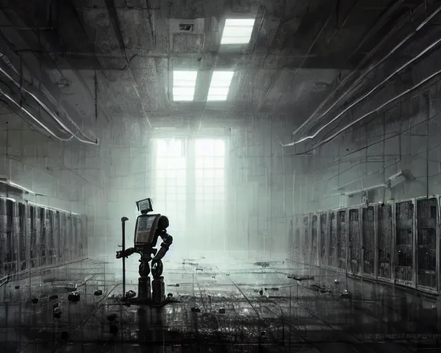 Image similar to gloomy ruined server room in datacenter robot figure automata rusty steel robot knight colossus welder pacing fixing soldering mono sharp focus, emitting diodes, smoke, artillery, sparks, racks, system unit, motherboard, by pascal blanche rutkowski repin artstation hyperrealism painting concept art of detailed character design matte painting, 4 k resolution blade runner