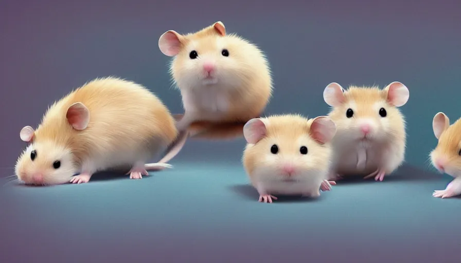 Image similar to very very very cute hamsters by Max Kostenko and Bobby Chiu, disney, pixar, MPC, Framestore, character design for animation, video game character, cute, adorable, uplight, a lineup of characters, big disney eyes, symmetrical eyes, cuteness, 3d render, octane rendered, highly detailed, cinematic lightning, rendered by maya and houdini, highly detailed, unreal engine, Trending on Artstation, octane render, 4k, 8k, HD, oil on Canvas by Elena Zhurikhina and Goro Fujita and Charlie Bowater