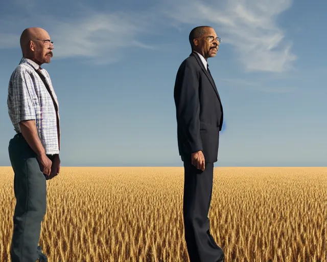 Image similar to extreme long shot of walter white and gustavo fring stand facing each other from a distance in a wheat field, low angle, side view, 3 5 mm photograph, 8 k resolution, wide shot, sharp lens