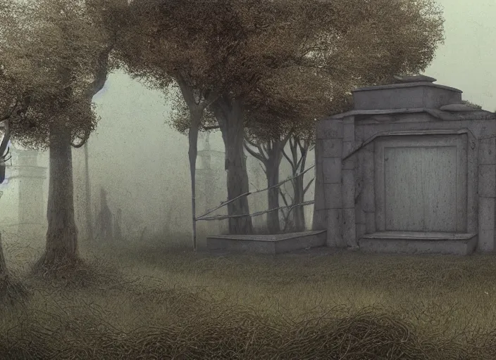 Image similar to matte painting of overgrown mausoleum in a forgotten wasteland, Zdzislaw Beksinski, Lewis Jones, mattias adolfsson, cold hue's, warm tone gradient background