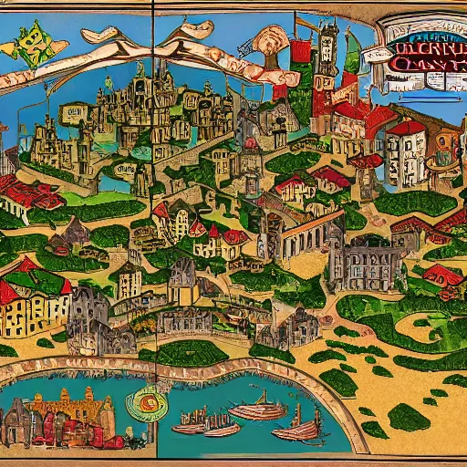 Image similar to map of a fantasy city with a castle, a tempme and a market. very detailed.