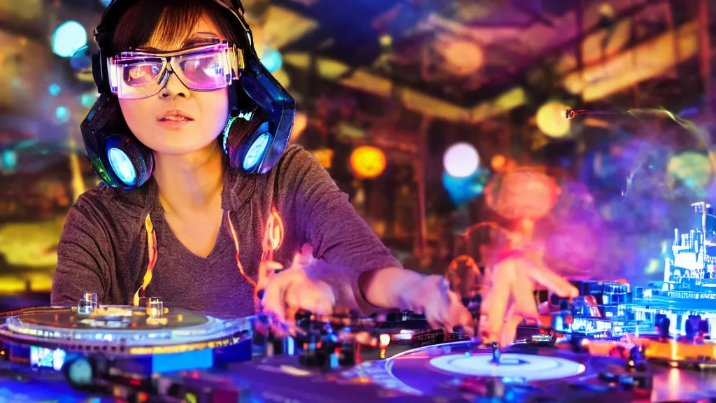 Image similar to an asian woman wearing goggles and visor and headphones using an intricate clockwork record player turntable contraption, robot arms, turntablism dj scratching, intricate planetary gears, smoky atmosphere, cinematic, sharp focus, led light strips, bokeh, iridescent, black light, fog machine, hazy, lasers, spotlights, motion blur, color