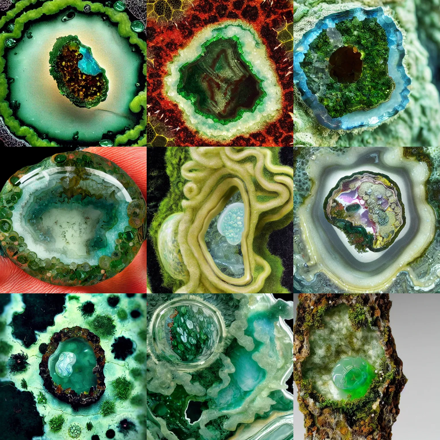 Prompt: close up of moss agate with various biological ecosystem growing inside, insanely detailed, surrealist, hyper realistic, in the style of dali and rene magritte