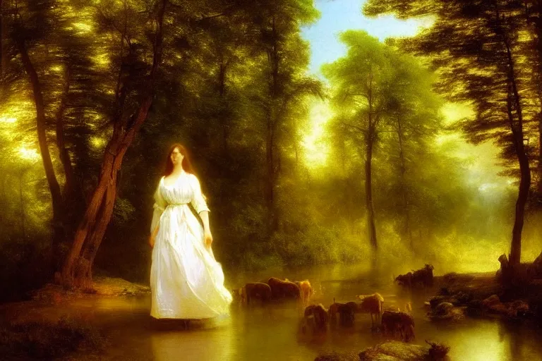 Prompt: scenic western painting of a woman in a traditional white dress walking through a forest river, horses, radiant light, oil on canvas, albert bierstadt, thomas moran