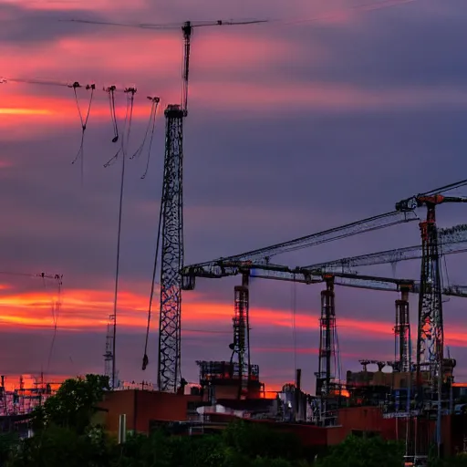 Prompt: The beauty of the sunset was obscured by the industrial cranes.
