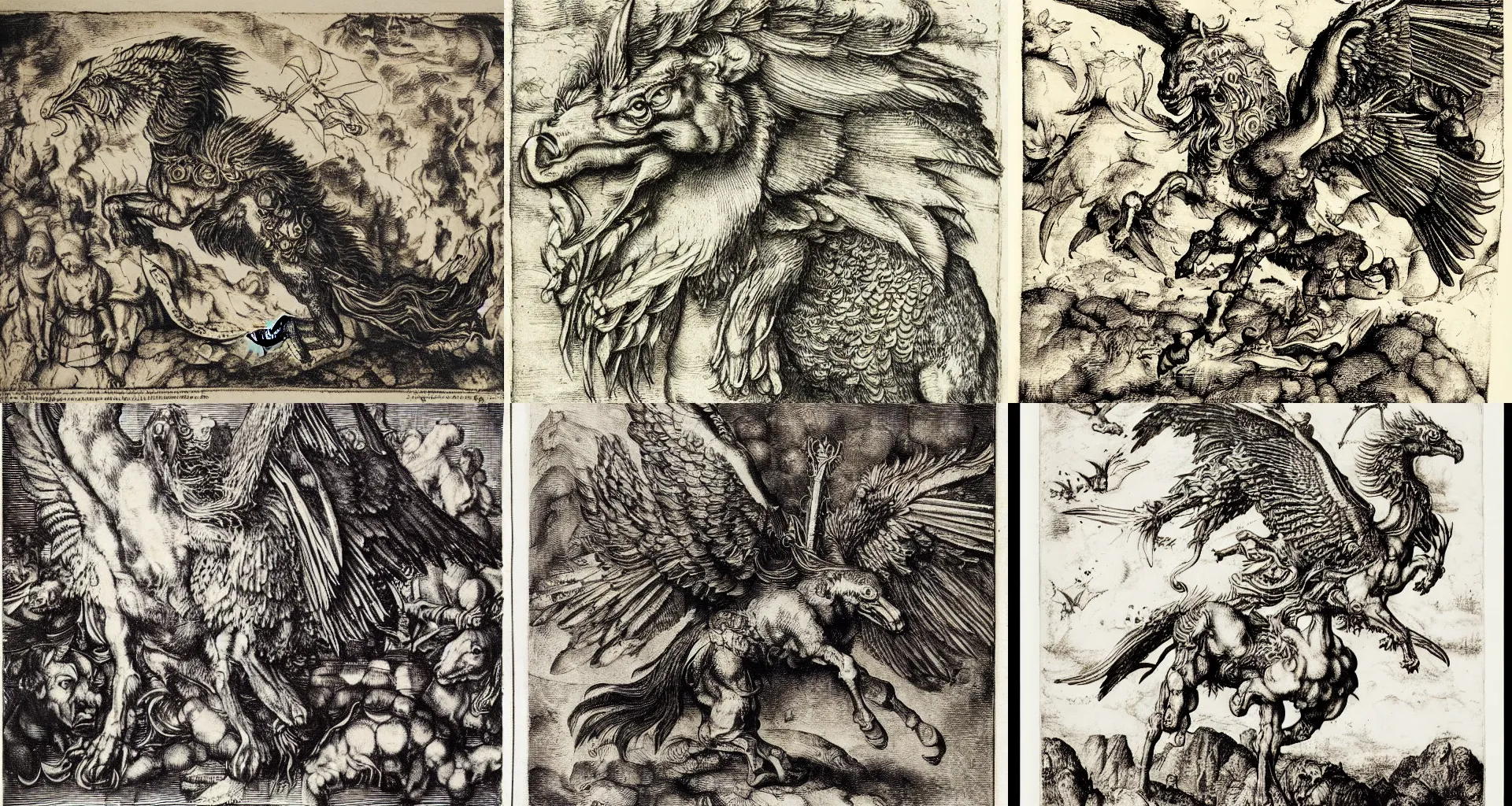 Prompt: an etching of a griffon by albrecht durer, medieval bestiary, triumph of maximillian, highly detailed, lithograph