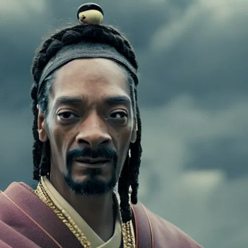 Image similar to cinematic film still of Snoop Dogg starring as a Samurai holding fire, Japanese CGI, VFX, 2022, 40mm lens, shallow depth of field, film photography