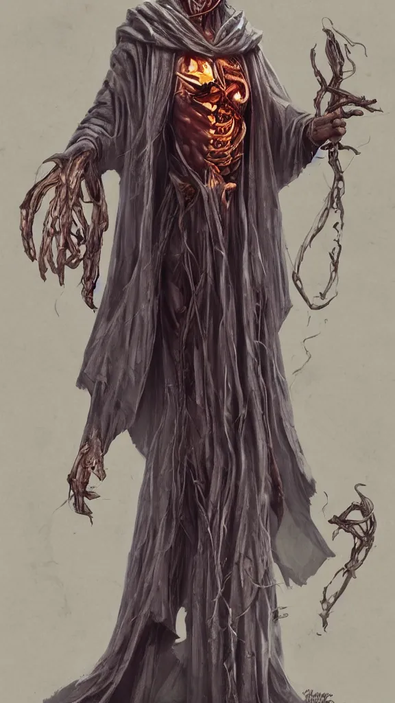 Image similar to plastination wizard, realistic, wearing robes, full body, standing in crypts, artgerm, artstation