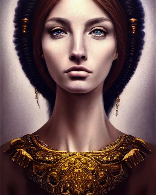 Image similar to portrait of a beautiful goddess, enigmatic beauty, head in focus, intricate, esoteric, elegant, highly detailed, hyperrealistic painting, concept art, painterly, sharp focus, art by