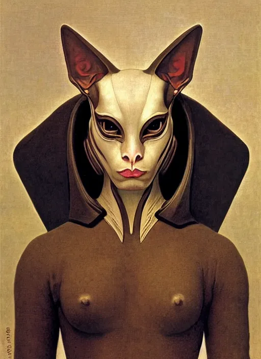 Prompt: portrait of a sphinx cat is a chinese dragon in armor and helmet, majestic, solemn, symmetrical, detailed intricate, hyper realistic, by bouguereau