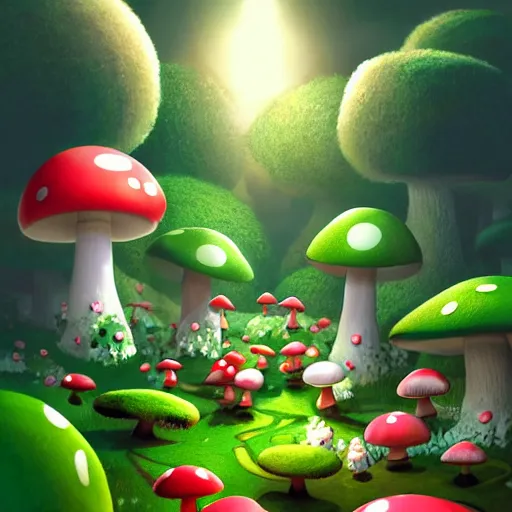 Image similar to mushroom kingdom from mario, digital art, giant green and white spotted mushrooms, at night, exotic flowers and plants, sprites, irina french, cinematic lighting, heraldo ortega, mandy jurgens trending on artstation 8 k 1 5 0 mpx