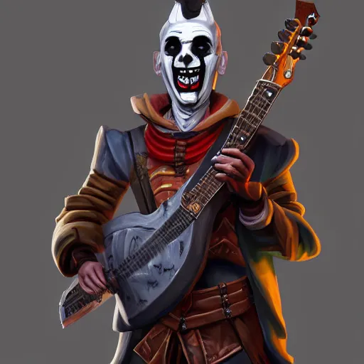 Prompt: a digital painting of a man wearing a mask playing a guitar, young handsome pale roma, grim dark jester from gwent cards, a character portrait by senior character artist, polycount, vanitas, sketchfab, speedpainting, zbrush