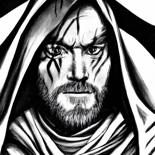 Image similar to Obi-Wan Kenobi portrait in the style of Junji Ito. Manga. Black & White. Gothic. Horror. Extremely detailed. 4K.