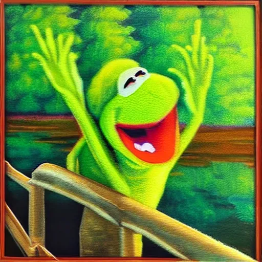 Prompt: “a bob ross style painting of kermit falling off a bridge”