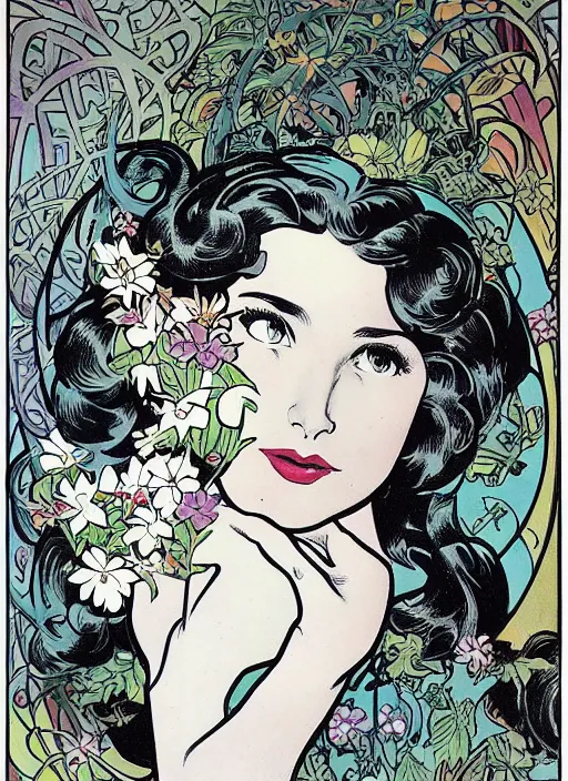 Prompt: a beautiful young woman. she is a flower fairy. well composed, clean elegant painting, beautiful detailed face. retro comic book art by steve ditko and jack kirby and ( alphonse mucha )