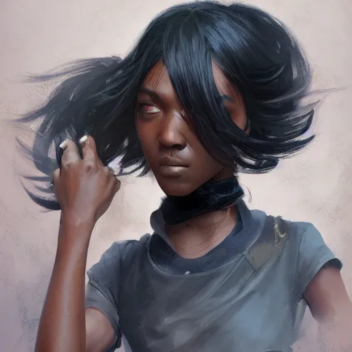 Image similar to short woman dark skin, black hair, pony tail with a old cicycle by Stanley Artgerm Lau, WLOP, Rossdraws, James Jean, Andrei Riabovitchev, Marc Simonetti, Yoshitaka Amano, ArtStation, CGSociety