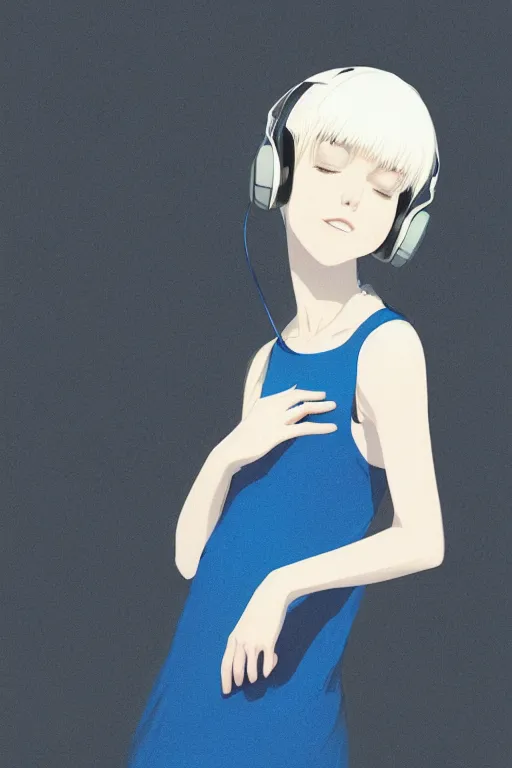 Prompt: a cute young woman listening to music with her eyes closed and wearing headphones by Ilya Kuvshinov and Range Murata, white bob cut hair, blue filter, blue and white, soft lighting, atmospheric, cinematic atmosphere, moody, relaxing, Krenz Cushart, digital painting, 8k