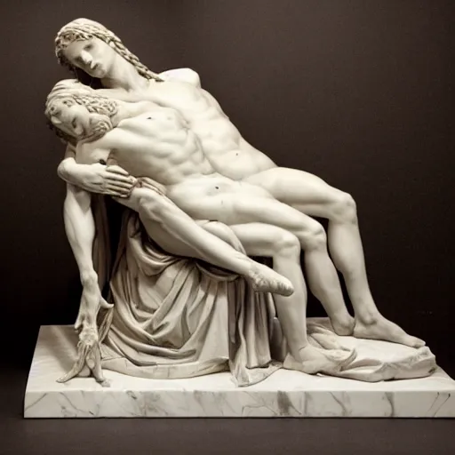 Image similar to a well-lit detailed studio photo of a marble sculpture of the pieta by Antonio Canova