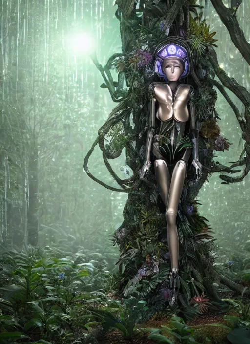 Image similar to beautiful female robot covered by plants and crystals in the mystical forest, beautiful symmetrical face, full body, immersed in the tree, chrome parts, opal crystals, renaissance style, cyber punk, sci - fi, baroque, cinematic light, mystical shadows, 8 k, octane render