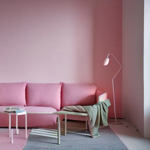 Image similar to An ultra high definition, professional photograph of an IKEA showroom located on a pastel pink beach with pastel pink, dimpled sand where every item is pastel pink. The sun can be seen rising through a window in the showroom. Morning time indirect lighting with on location production lighting on the showroom. In the style of wallpaper magazine, Wes Anderson.