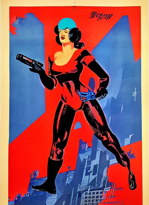 Prompt: soviet propaganda poster. cyberpunk hitwoman. portrait by jean giraud and anton otto fischer and john philip falter and will eisner and gil elvgren