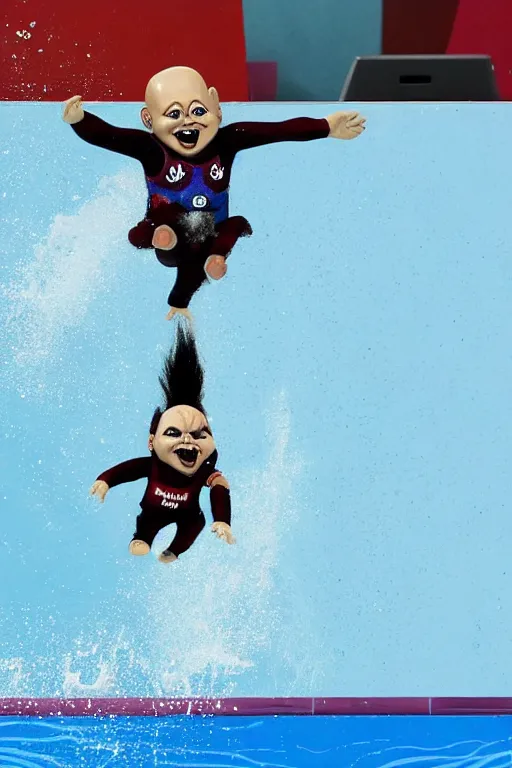 Image similar to screaming chucky doll performing a perfect 1 0 dive at olympics