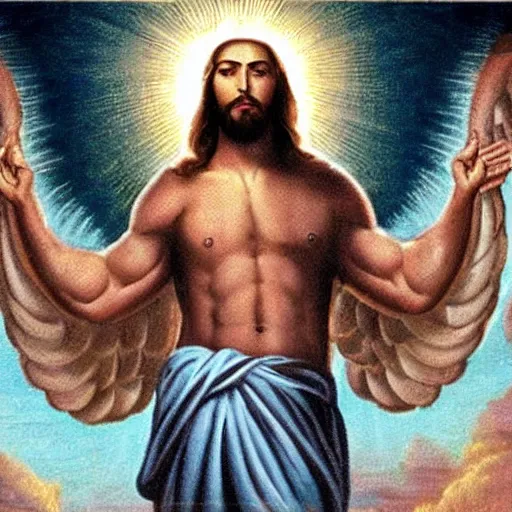 Image similar to a photo Jesus Christ with big muscles playing electric guitar in heaven