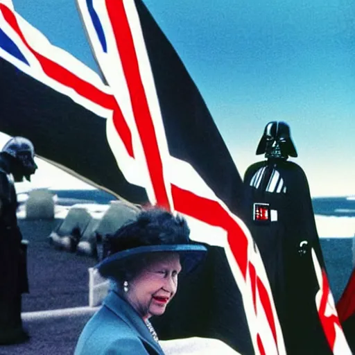 Prompt: queen elizabeth as darth vader falklands war poster