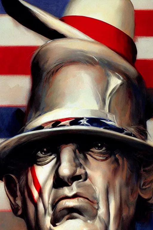 Image similar to expressive exaggerated portait painting of uncle sam, alex ross!!!, phil hale!!!!, visible brush strokes, graphic,'action lines '!!!!, striking, sharp, hd image