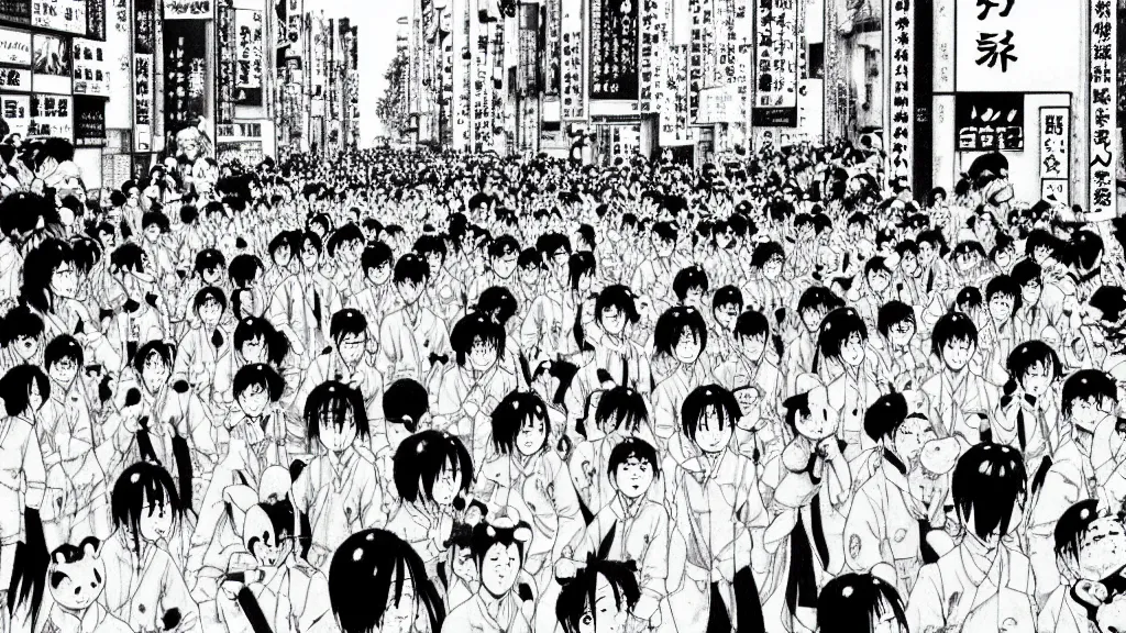 Image similar to manga drawing of a parade on the streets Tokyo everyone in the parade is wearing a pig mask and is dressed in pink and wearing pig masks, film still from the an anime directed by Katsuhiro Otomo with art direction by Salvador Dalí, wide lens