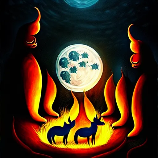 Image similar to strange mythical beasts of sitting around a fire under a full moon, surreal dark uncanny painting by ronny khalil