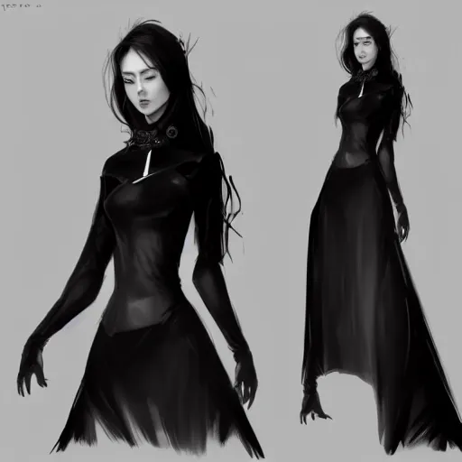 Image similar to a drawing of a woman in a black outfit, concept art by lu ji, cgsociety contest winner, fantasy art, concept art, artstation hd, 2 d game art, game character sheet