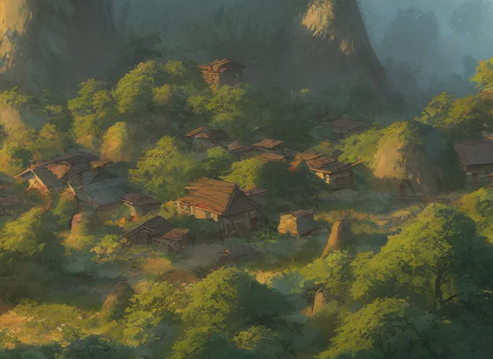 Image similar to concept art painting of a distant small woodland village in a valley seen from above, european japanese buildings, early morning, cel shaded, detailed, realistic, by makoto shinkai and moebius and greg rutkowski and james gurney