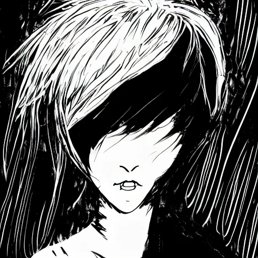 Prompt: Character design of a manga style girl with short white hair and black eyes in the style of Yoshitaka Amano, abstract black and white background, large film grain, expressive brush strokes