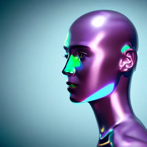 Image similar to 3d render of holographic human robotic head made of glossy iridescent, surrealistic 3d illustration of a human face non-binary, non binary model, 3d model human, cryengine, made of holographic texture, holographic material, holographic rainbow, concept of cyborg and artificial intelligence