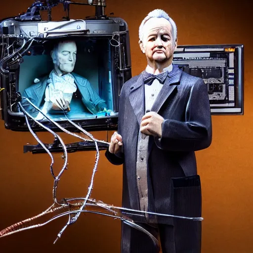 Image similar to animatronic Bill Murray, exposed wires, photo, Stan Winston studios, detailed, 4k