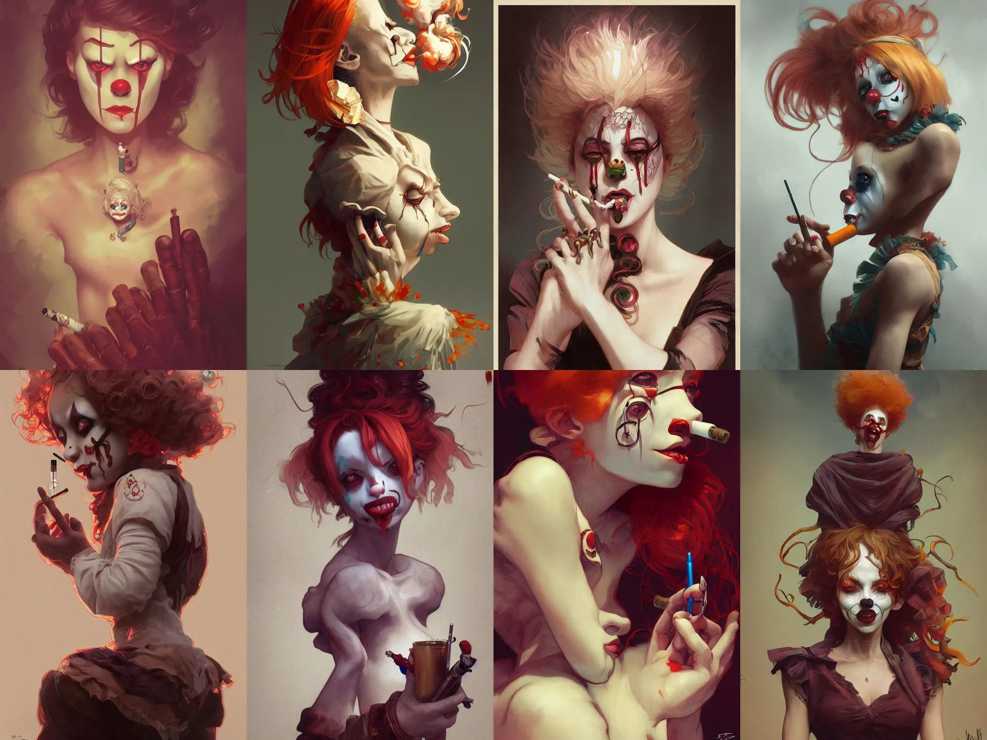 Prompt: creepy clown girl smoking a cigarette, highly detailed, digital painting, artstation, concept art, smooth, sharp focus, illustration, art by artgerm and greg rutkowski and alphonse mucha and loish and WLOP, symmetrical composition
