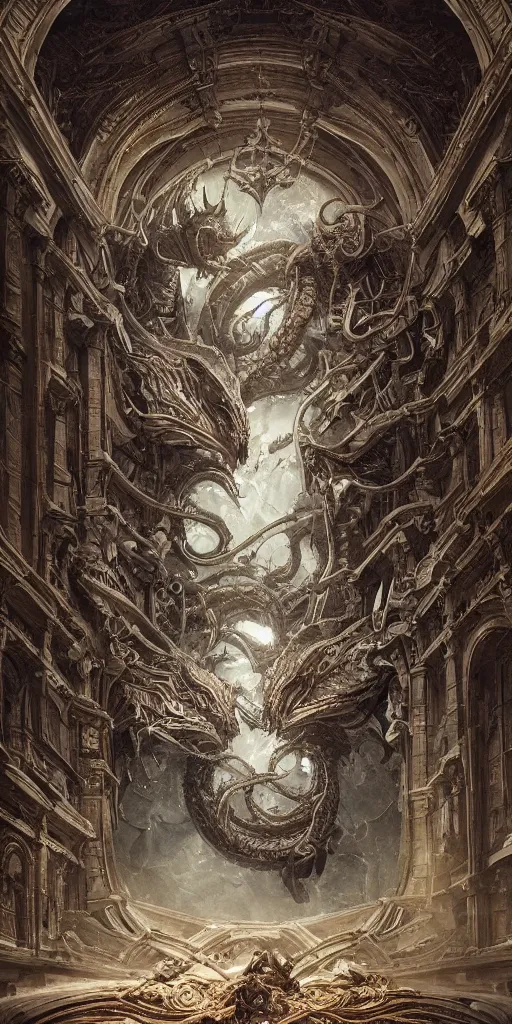 Prompt: enormous Ouroboros floating around inside an ancient mage castle hall colossal scale, gothic and baroque, brutalist architecture, ultradetailed, intricate details by Ellen Jewett and Ayami Kojima